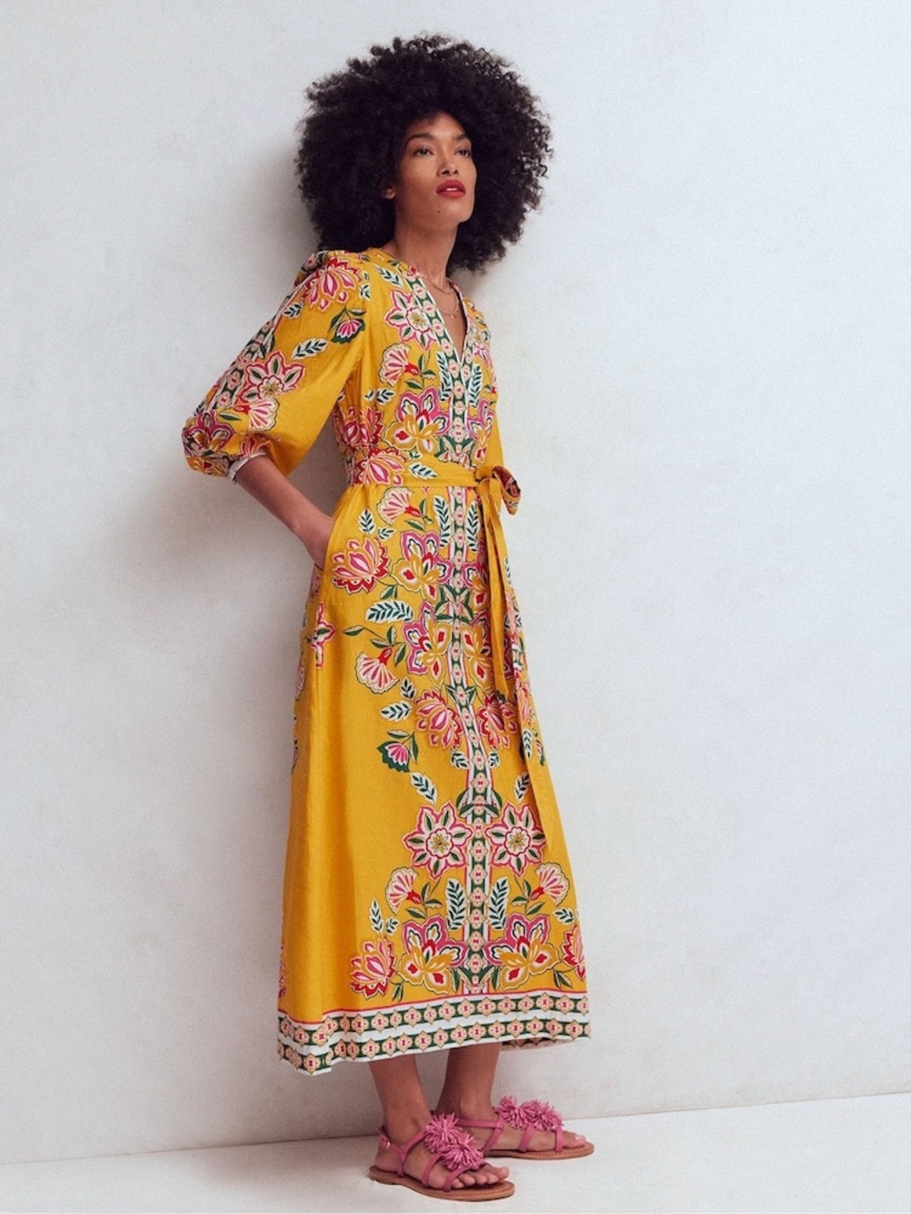 Boden Octavia Linen Blend Floral Midi Dress Yellow Blossom Elegance 6R NWT